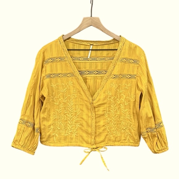 Free People Follow Your Heart Golden Yellow Embroidered Crop Top Size Small - Picture 5 of 12